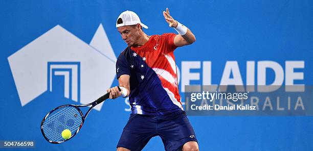 Lleyton Hewitt of Australia competes during the 2016 World Tennis Challenge match between Lleyton Hewitt of Australia and Marin Cilic of Croatia at...