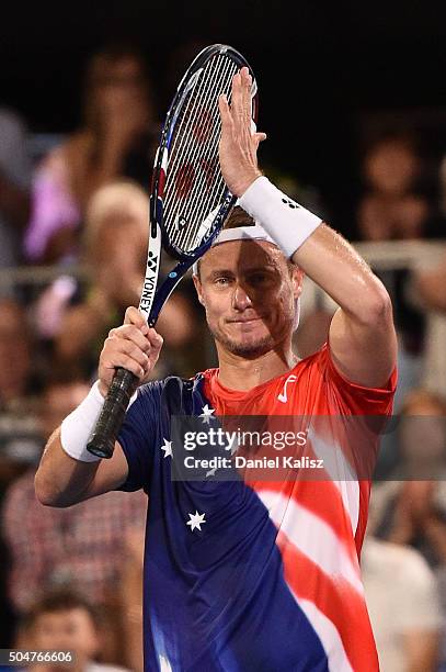 Lleyton Hewitt of Australia salutes the crowd after the 2016 World Tennis Challenge match between Lleyton Hewitt of Australia and Marin Cilic of...