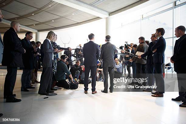 German Interior Minister Thomas de Maiziere and German Justice Minister Heiko Maason giving a statement to the press on January 12, 2016 in Berlin,...