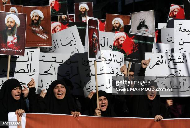 Lebanese college students take part in a demonstration on January 13, 2016 in the southern Lebanese city of Nabatiyeh, against the execution of...