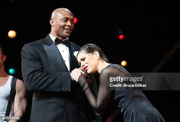 Eddie George and Bianca Marroquin during his curtain call on Opening Night for NFL Legend Eddie George's Broadway debut in "Chicago" on Broadway at...