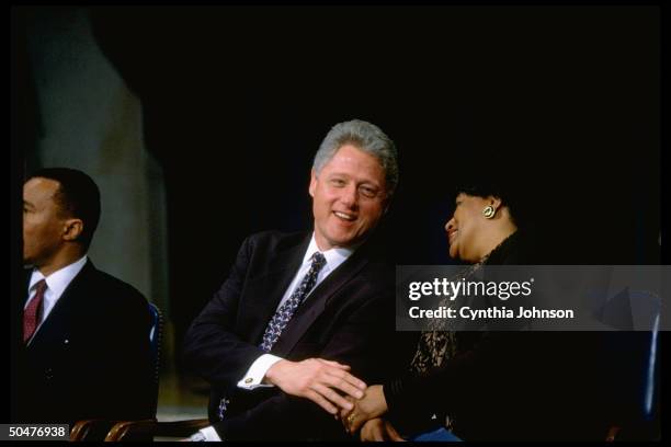 Ex-Rep. Kweisi Mfume, Pres. Clinton & outgoing NAACP head Myrlie Evers-Williams during Mfume swear-in as new NAACP chmn.