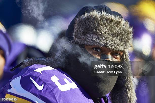 Playoffs: Closeup of Minnesota Vikings Sharrif Floyd on sidelines bench during game vs Seattle Seahawks at US Bank Stadium. Cold, weather....
