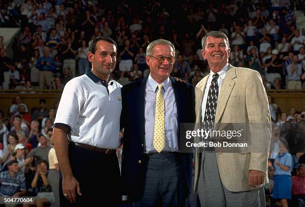 Duke Legends Weekend: Portrait of Duke head coach Mike Krzyzewski, former Duke coach Vic Bubas and Virginia Tech coach and former Duke coach Bill...