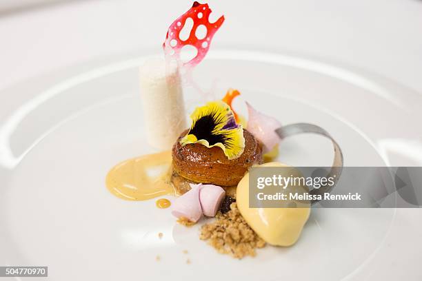An apple praline with apricot sorbet, accompanied with ice wine mousse, leche de creme and raspberry accessories is prepared by pastry chef, Megan...