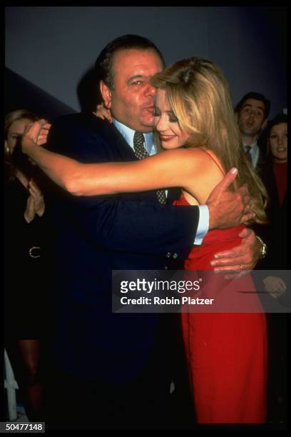 Actor Paul Sorvino kissing actress daughter Mira prob. At NYC premiere of her film Mighty Aphrodite.