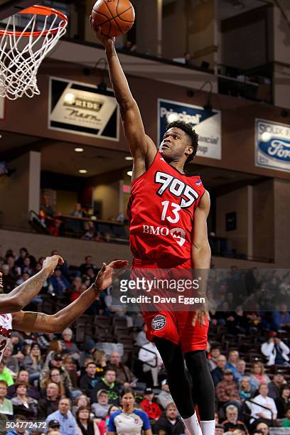 Ronald Roberts Jr. #13 of the Toronto Raptors 905 drives to the basket against the Sioux Falls Skyforce at the Sanford Pentagon on January 12, 2016...