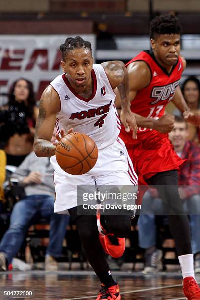 Rodney McGruder of the Sioux Falls Skyforce dribbles the ball up court against the Toronto Raptors 905 at the Sanford Pentagon on January 12, 2016 in...