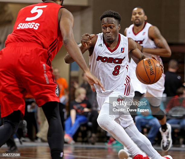 Bubu Palo of the Sioux Falls Skyforce dribbles the ball against the Toronto Raptors 905 at the Sanford Pentagon on January 12, 2016 in Sioux Falls,...