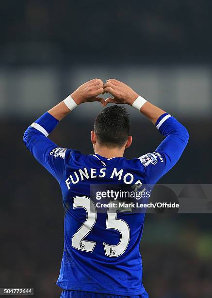 Ramiro Funes Mori of Everton celebrates after scoring their 1st goal during the Capital One Cup Semi-Final First Leg match between Everton and...