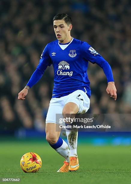 Muhamed Besic of Everton in action during the Capital One Cup Semi-Final First Leg match between Everton and Manchester City at Goodison Park on...