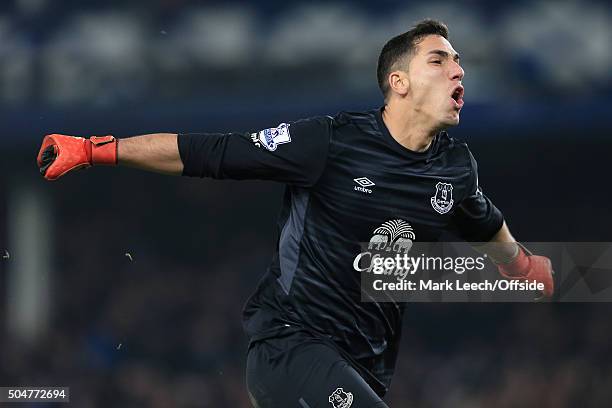 Everton goalkeeper Joel Robles celebrates their winning goal during the Capital One Cup Semi-Final First Leg match between Everton and Manchester...