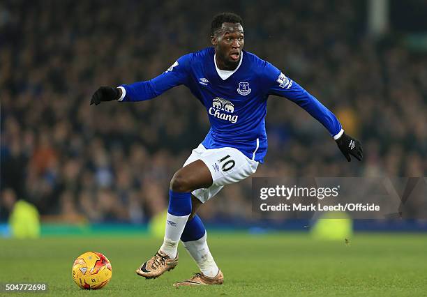 Romelu Lukaku of Everton in action during the Capital One Cup Semi-Final First Leg match between Everton and Manchester City at Goodison Park on...