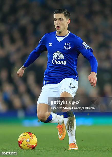 Muhamed Besic of Everton in action during the Capital One Cup Semi-Final First Leg match between Everton and Manchester City at Goodison Park on...