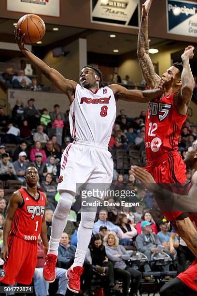 Bubu Palo of the Sioux Falls Skyforce drives to the basket against the Toronto Raptors 905 at the Sanford Pentagon on January 12, 2016 in Sioux...