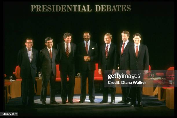 Candidates for Democratic presidential nomination Gore, Babbitt, Gephardt, Jackson, Hart, Dukakis, & Simon, all smiles, during televised debate.