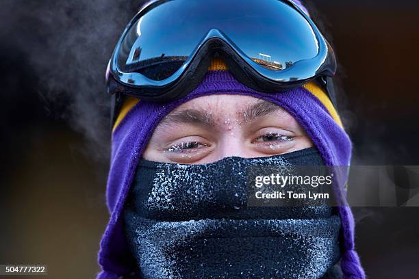 Playoffs: Closeup of Minnesota Vikings fan in stands with covered face during game vs Seattle Seahawks at US Bank Stadium. Minneapolis, MN 1/10/2016...