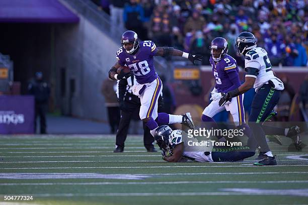 Playoffs: Minnesota Vikings Adrian Peterson in action, rushing vs Seattle Seahawks at US Bank Stadium. Minneapolis, MN 1/10/2016 CREDIT: Tom Lynn