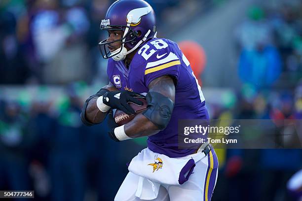 Playoffs: Closeup of Minnesota Vikings Adrian Peterson in action, rushing vs Seattle Seahawks at US Bank Stadium. Minneapolis, MN 1/10/2016 CREDIT:...