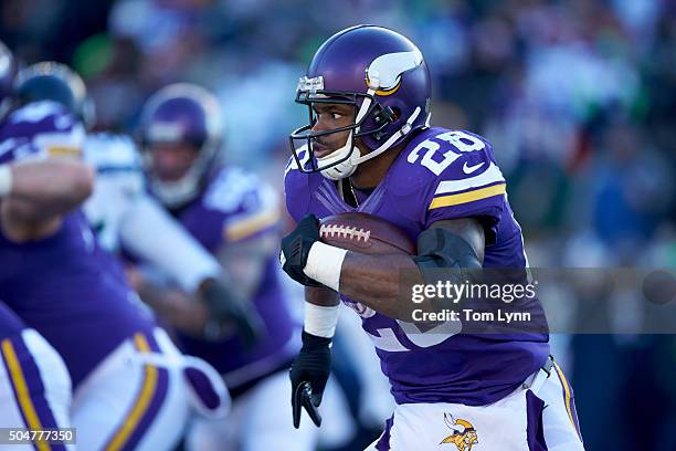 Playoffs: Closeup of Minnesota Vikings Adrian Peterson in action, rushing vs Seattle Seahawks at US Bank Stadium. Minneapolis, MN 1/10/2016 CREDIT:...