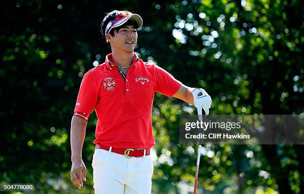 Ryo Ishikawa of Japan plays a shot during practice rounds prior to the Sony Open In Hawaii at Waialae Country Club on January 12, 2016 in Honolulu,...