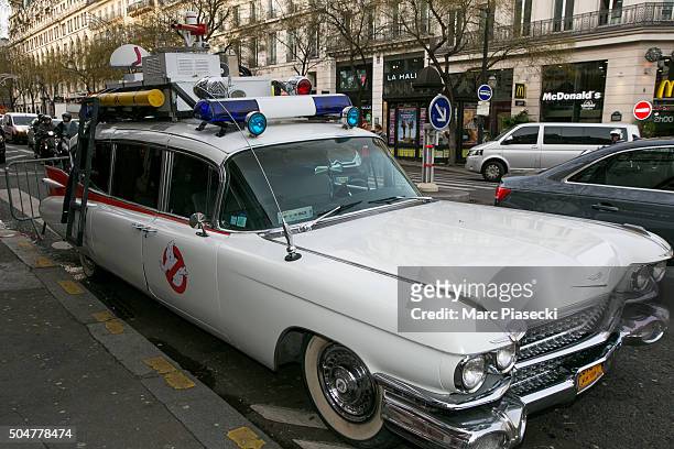 View at a 'Ecto-1' replica vehicle owned by French fans of 'Ghostbusters' movies parked in front of the 'Grand Rex' movie theater on January 13, 2016...