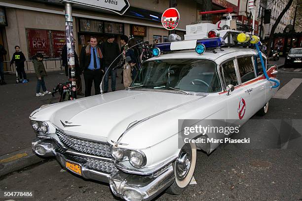 View at a 'Ecto-1' replica vehicle owned by French fans of 'Ghostbusters' movies parked in front of the 'Grand Rex' movie theater on January 13, 2016...