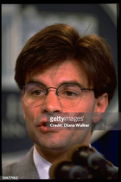 Communications aide George Stephanopoulos speaking in WH press rm. Briefing .