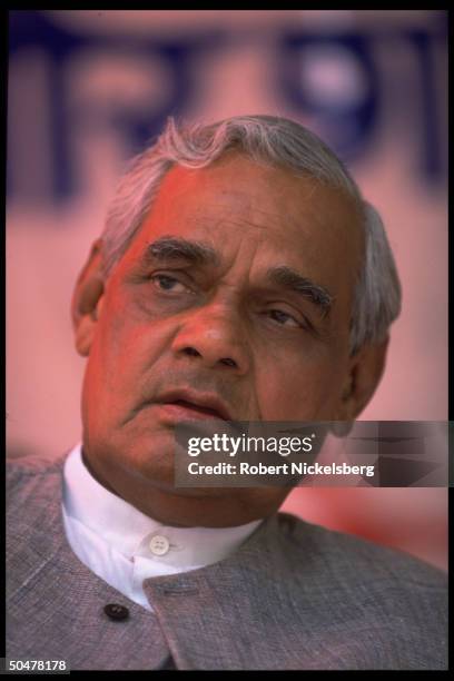 Opposition Hindu nationalist BJP party ldr. A.B. Vajpayee at Bharatiya Janata campaign rally before gen. Elections, possible PM cand. W. BJP victory.