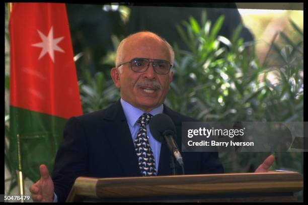 King Hussein speaking, hosting summit discussing Arab strategy after Israeli election victory of Likud PM Netanyahu.