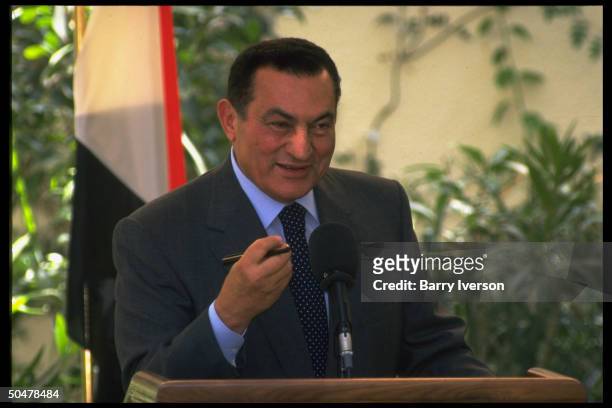Egyptian Pres. Mubarak speaking at summit , discussing Arab strategy after Israeli election victory of Likud PM Netanyahu.