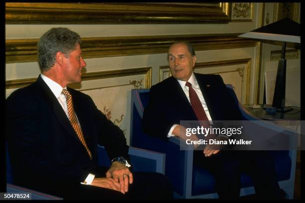 Bill Clinton mtg. W. Pres. Francois Mitterrand at Elysee Palace during US Pres.'s D-Day anniv. Fete trip to Eur.