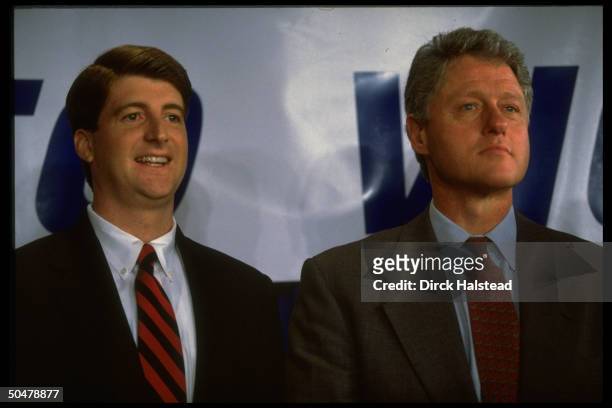 Pawtucket congressional cand. Patrick Kennedy at sr. Citizens rally, getting campaign boost fr. Accompanying Pres. Bill Clinton.