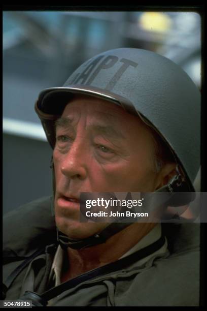 Actor Robert Mitchum, wearing Army uniform, in scene fr. TV mini-series The Winds of War.