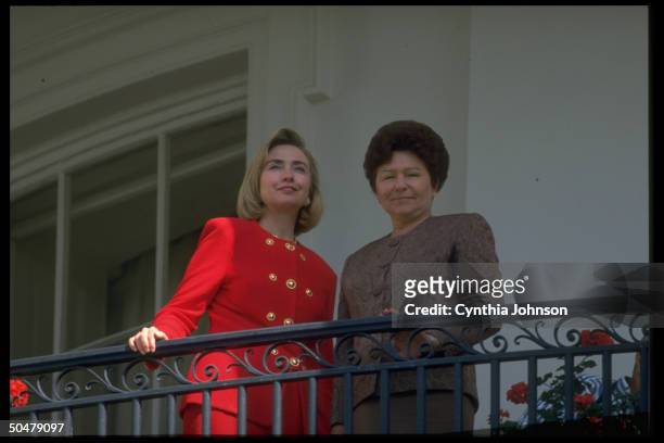 1st Lady Hillary Rodham Clinton with her Russian counterpart Naina Yeltsin, on the White House's Truman balcony, September 27, 1994.
