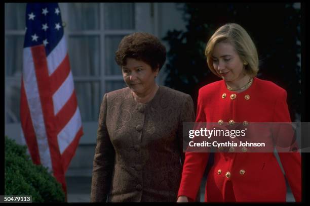 First Lady Hillary Rodham Clinton w. Her Russian counterpart Naina Yeltsin, on the White House's Truman balcony, September 27, 1994.
