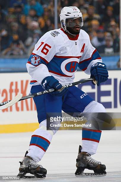 Subban of the Montreal Canadiens plays against the Boston Bruins in the 2016 Bridgestone NHL Classic at Gillette Stadium on January 1, 2016 in...