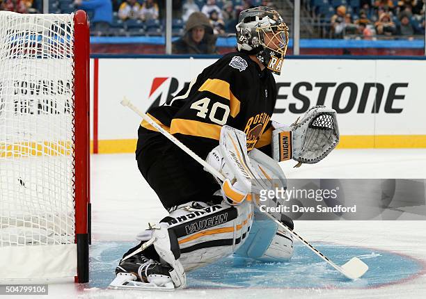 Goaltender Tuukka Rask of the Boston Bruins warms up before the 2016 Bridgestone NHL Winter Classic against the Montreal Canadiens at Gillette...