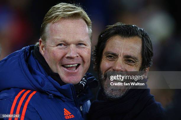 Ronald Koeman manager of Southampton and Quique Flores manager of Watford greet prior to the Barclays Premier League match between Southampton and...