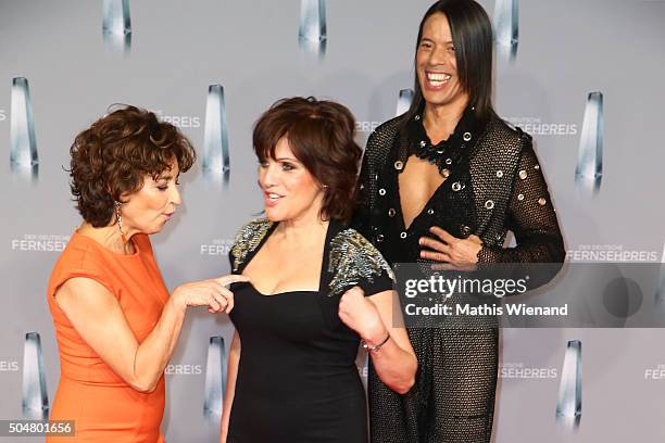 Isabel Varell, Birgit Schrowange and Jorge Gonzalez attend the German Television Award at Rheinterrasse on January 13, 2016 in Duesseldorf, Germany.