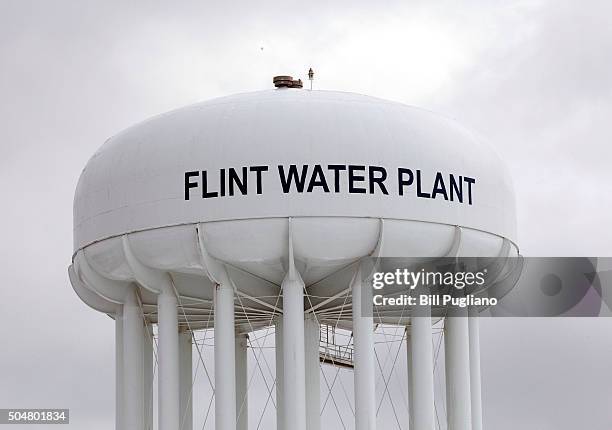 The Flint Water Plant tower is shown January 13, 2016 in Flint, Michigan. On Tuesday, Michigan Gov. Rick Snyder activated the National Guard to help...