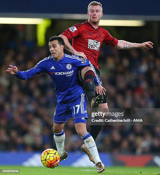 Chris Brunt of West Bromwich Albion and Pedro of Chelsea during the Barclays Premier League match between Chelsea and West Bromwich Albion at...