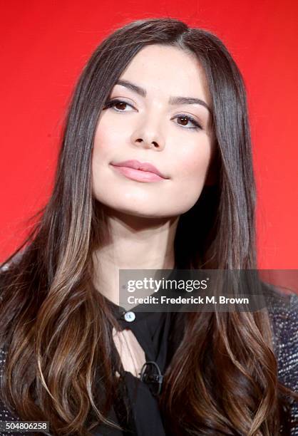 Actress Miranda Cosgrove speaks onstage during the 'Crowded' panel discussion at the NBCUniversal portion of the 2015 Winter TCA Tour at Langham...