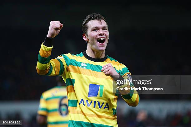 Jonathan Howson of Norwich City celebrates scoring his team's first goal during the Barclays Premier League match between Stoke City and Norwich City...