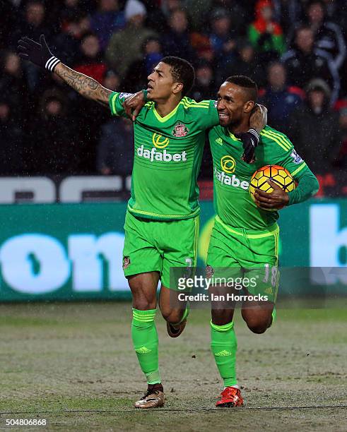 Patrick Van Aanholt celebrates scoring the second Sunderland goal during the Barclays Premier League Match between Swansea City and Sunderland at The...
