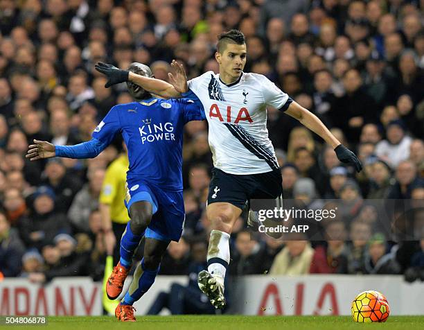 Tottenham Hotspur's Argentinian midfielder Erik Lamela vies with Leicester City's French midfielder N'Golo Kante during the English Premier League...