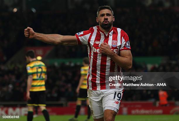 Jonathan Walters of Stoke City celebrates after scoring a goal to make it 1-0 during the Barclays Premier League match between Stoke City and Norwich...