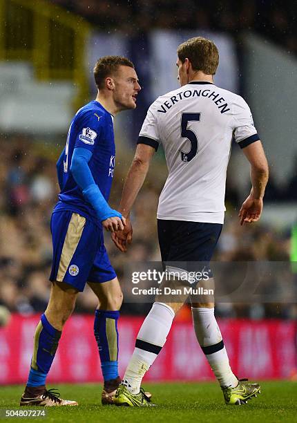 Jamie Vardy of Leicester City and Jan Vertonghen of Tottenham Hotspur argue during the Barclays Premier League match between Tottenham Hotspur and...