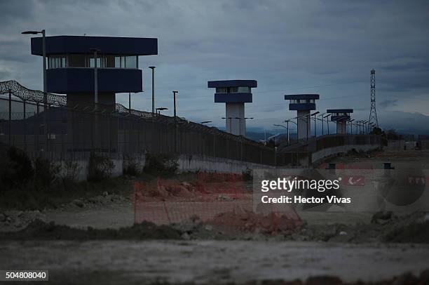 General view of security towers during a walk in the vicinity of the Mexican maximum security prison 'El Altiplano' on January 13, 2015 in Almoloya,...