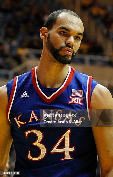 Perry Ellis of the Kansas Jayhawks in action during the game against the West Virginia Mountaineers at the WVU Coliseum on January 12, 2016 in...